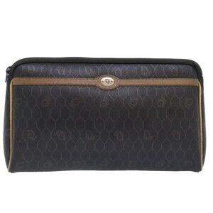 Christian Dior Honeycomb Canvas Clutch Bag PVC Leather Black Gold Auth